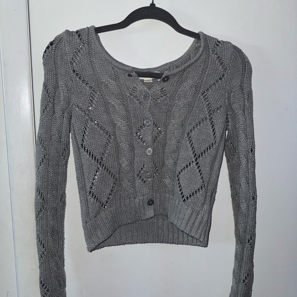Gray Cable Knit Cropped Cardigan Sweater